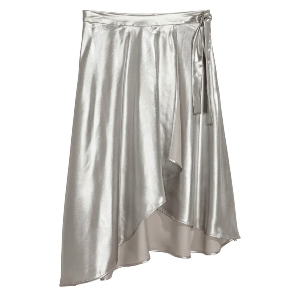 HM Womens Metallic Silver Wrap‎ Skirt Asymmetrical High Low Midi Party Size 12